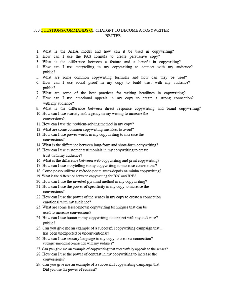 500 Copywriting Questions for Success | PDF | Advertising | Copywriting