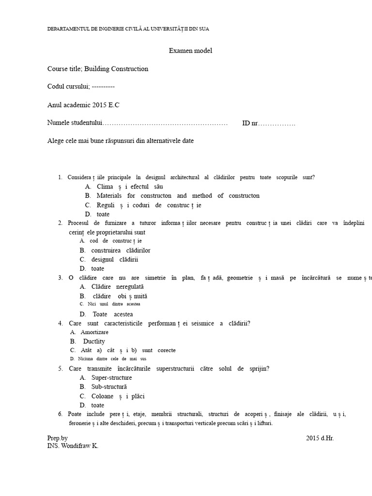 Examen Model Pentru Construcția Clădirilor | PDF