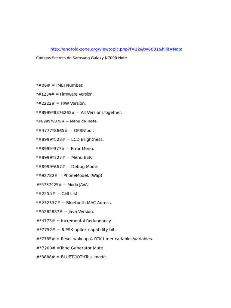 Códigos Secretos do Samsung Galaxy Note | PDF | Hardware de computador ...