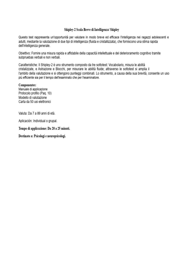 BREVI NOTE SHIPLEY-2 Scala Breve Di Intelligenza | PDF
