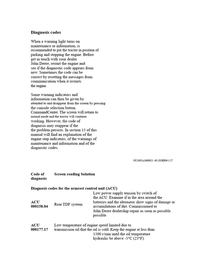 John Deere Tractor Diagnostic Codes Guide | PDF | Truck | Brake