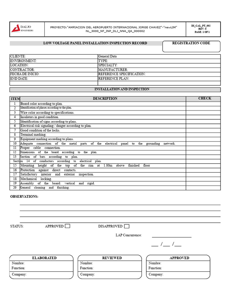 Low Voltage Panel Inspection Record | PDF | Electrical Wiring | Electricity