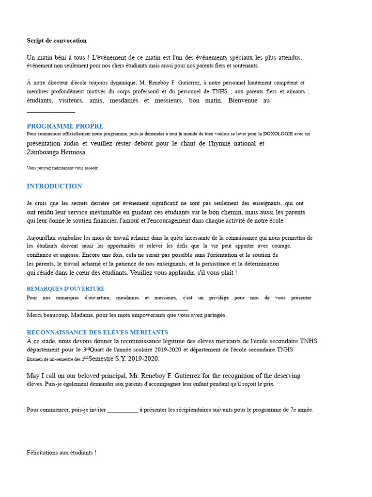 Script de convocation pour cérémonie scolaire | PDF
