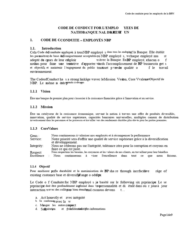 Code de conduite des employés NBP | PDF | Banques | Crédit