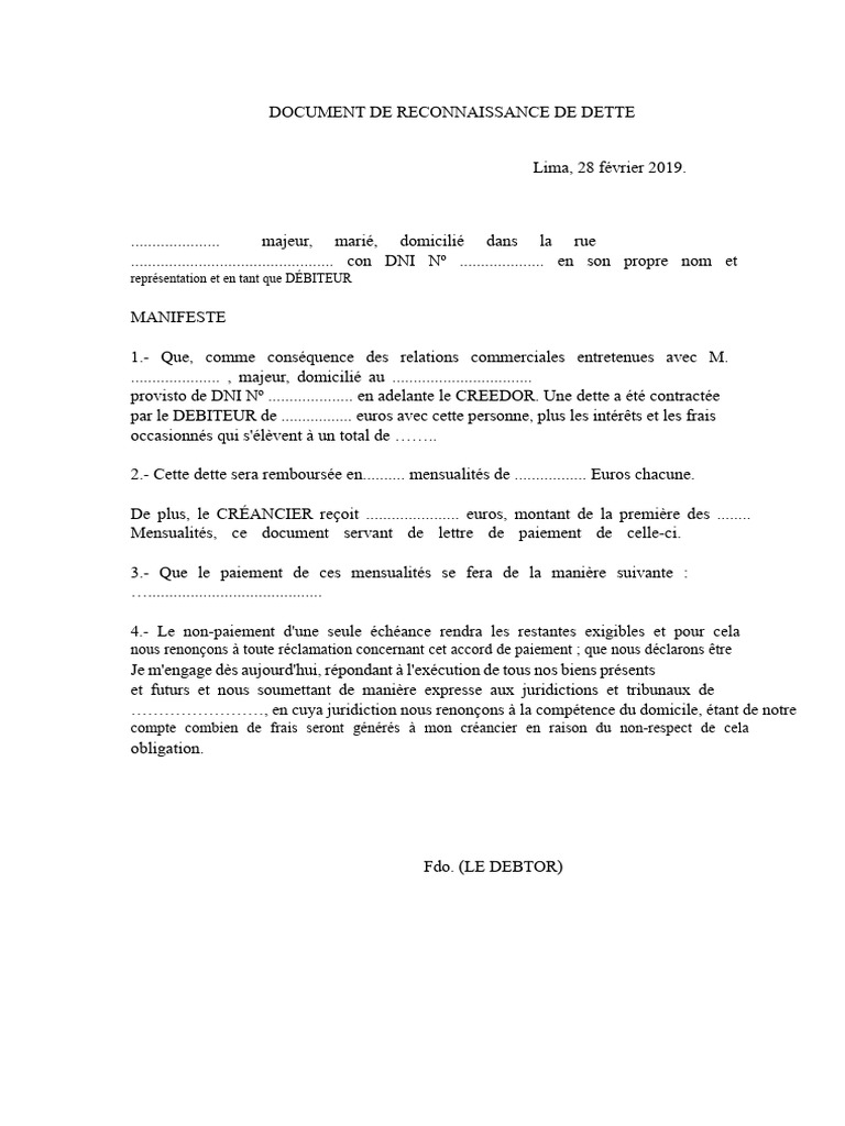 Reconnaissance de dette et modalités de paiement | PDF