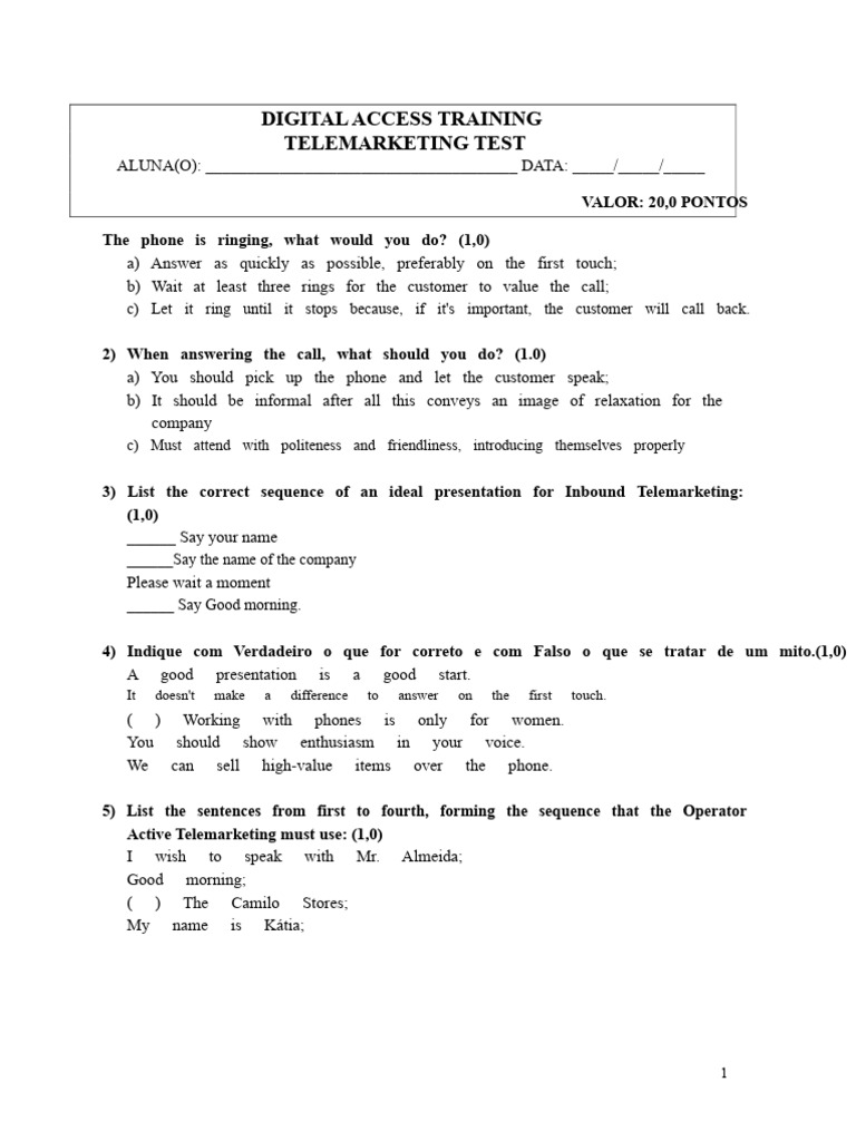 Telemarketing Training Assessment Guide | PDF | Human Communication