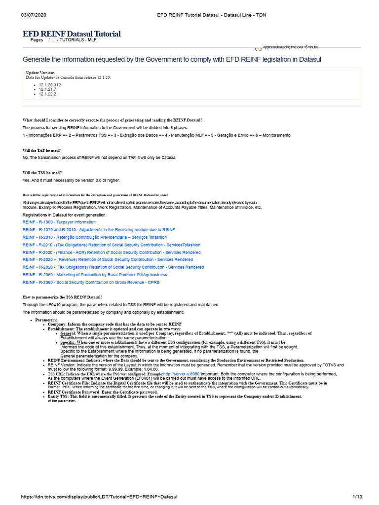 EFD REINF Datasul Tutorial Guide | PDF | Accounts Payable | Taxes