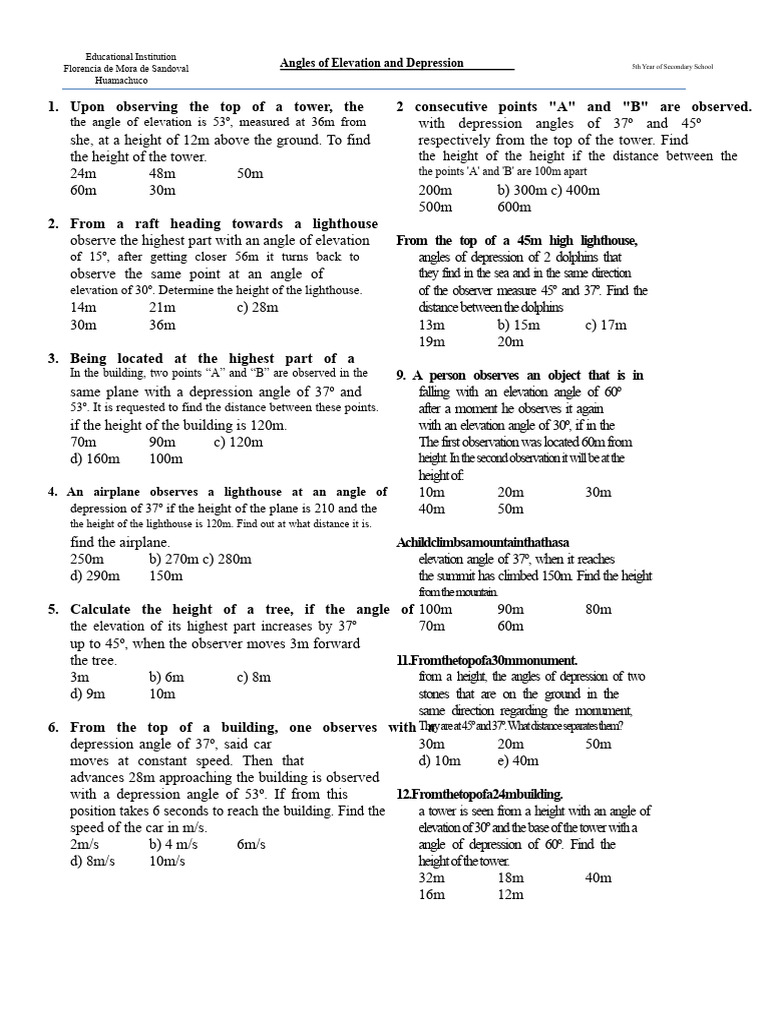 Angles of Elevation and Depression Exercises | PDF | Trigonometric ...