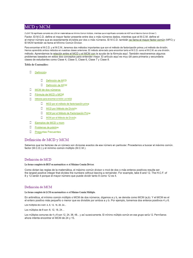 MCD y MCM: Definiciones y Métodos | PDF | División (Matemáticas ...