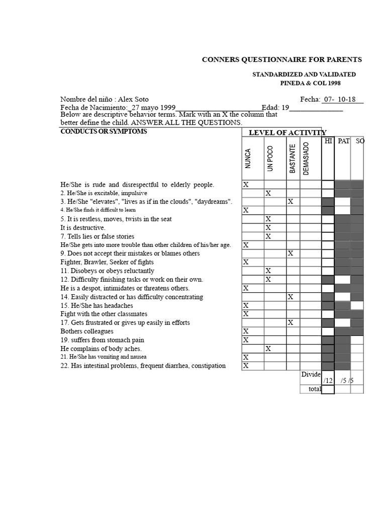 Conners Questionnaire for Parents | PDF | Attention Deficit ...
