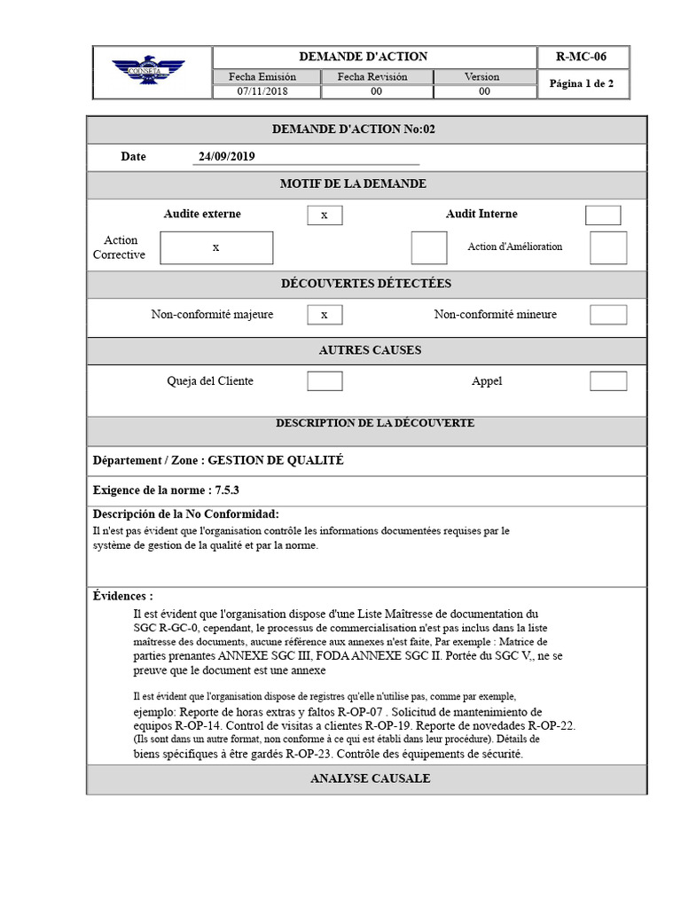 Demande d'Action pour Non-Conformité SGC | PDF | Audit | Management de ...
