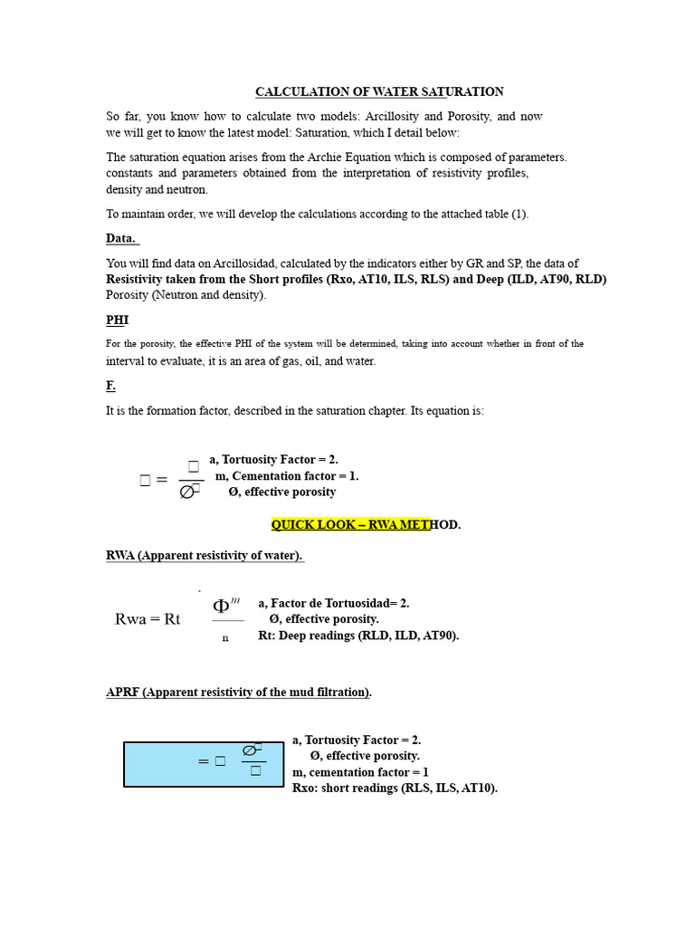 Calculation of Water Saturation | PDF | Porosity | Electrical ...