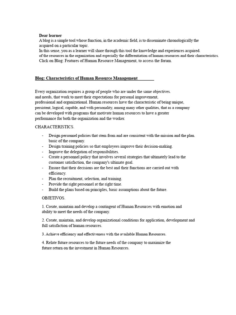 Blog Characteristics of Human Resource Management | PDF