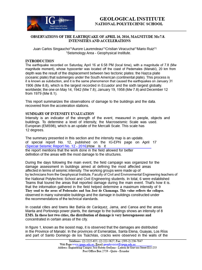 2016 Ecuador Earthquake Intensity Report | PDF | Moment Magnitude Scale ...