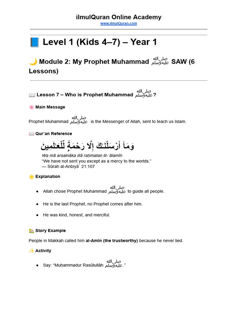2. Level 1 (Kids 4–7) – Year 1 Module 2 My Prophet Muhammad SAW | PDF ...