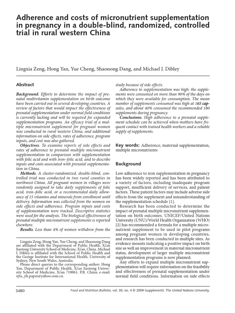 Zeng Et Al 2009 Adherence and Costs of Micronutrient Supplementation in ...