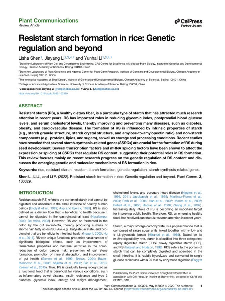 Genetic Regulation of Resistant Starch in Rice | PDF | Starch ...
