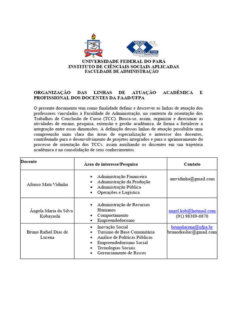 Linhas de Atuação dos Docentes da FAAD/UFPA | PDF | Tecnologia da ...