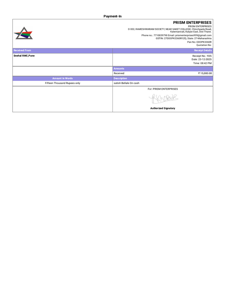 PRISM Enterprises Payment Receipt 935 | PDF