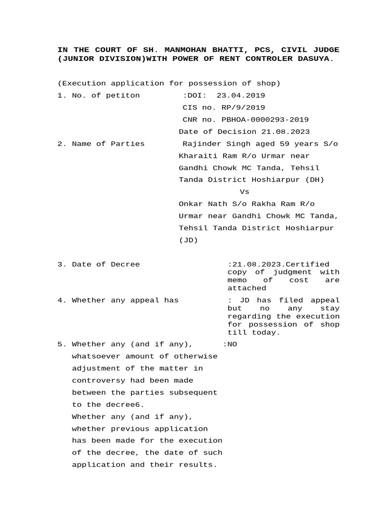 Execution Application Possession of Shop PETITION | PDF | Judiciaries ...