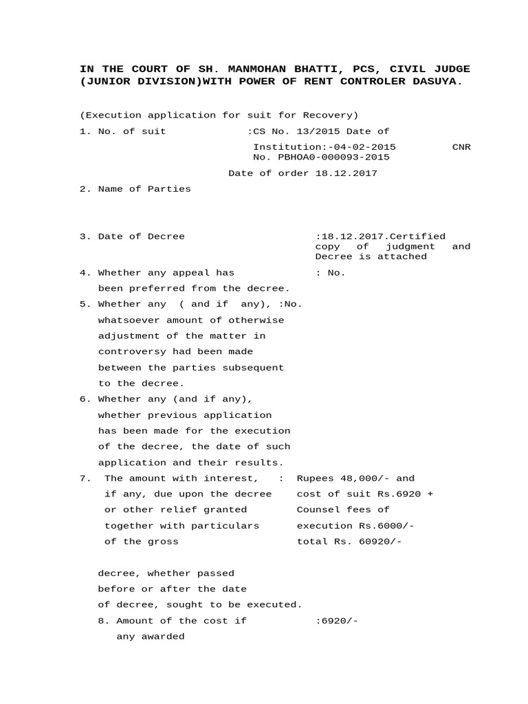 Execution Application for Recovery Suit | PDF