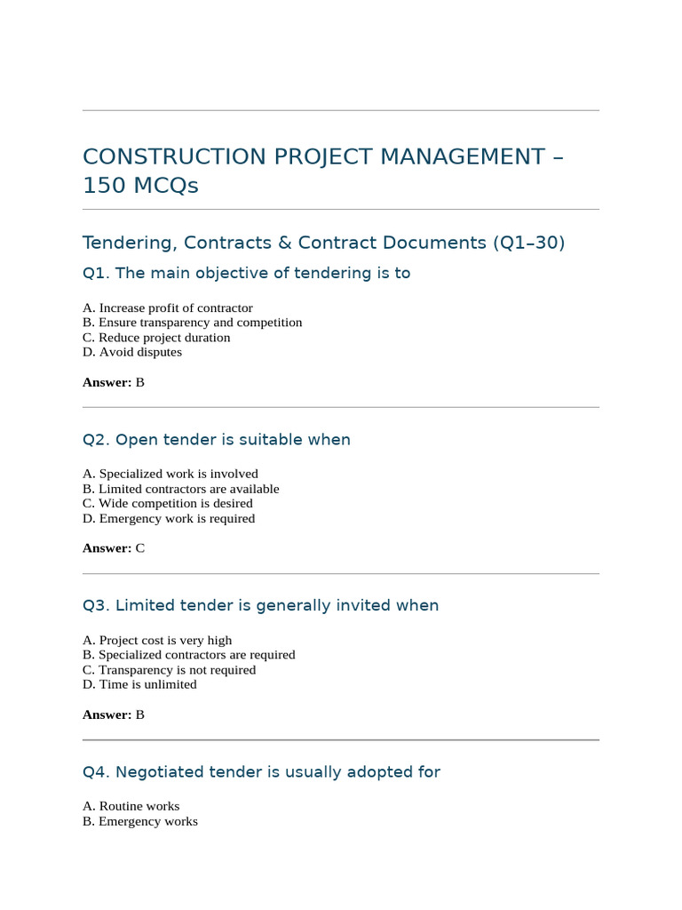 Construction Project Management MCQs | PDF | Concrete