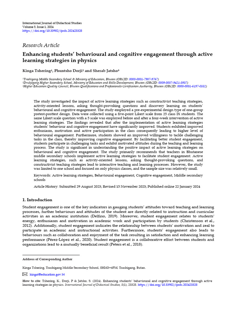 Enhancing Students Behavioural and Cognitive Engagement Through Active ...