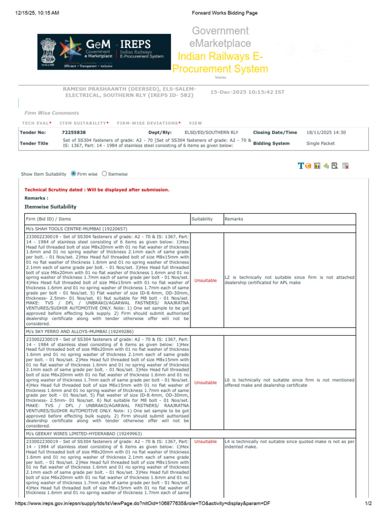 SS304 Fasteners Tender Evaluation Report | PDF | Screw | Nut (Hardware)