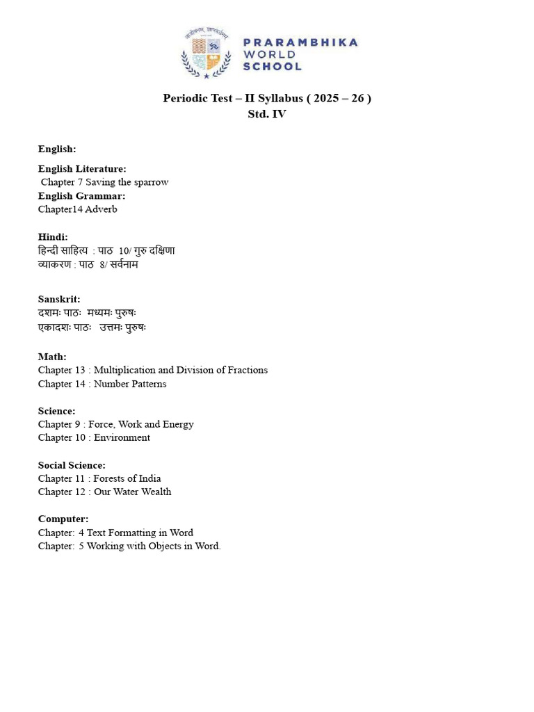 Std IV Periodic Test II Syllabus 2025-26 | PDF