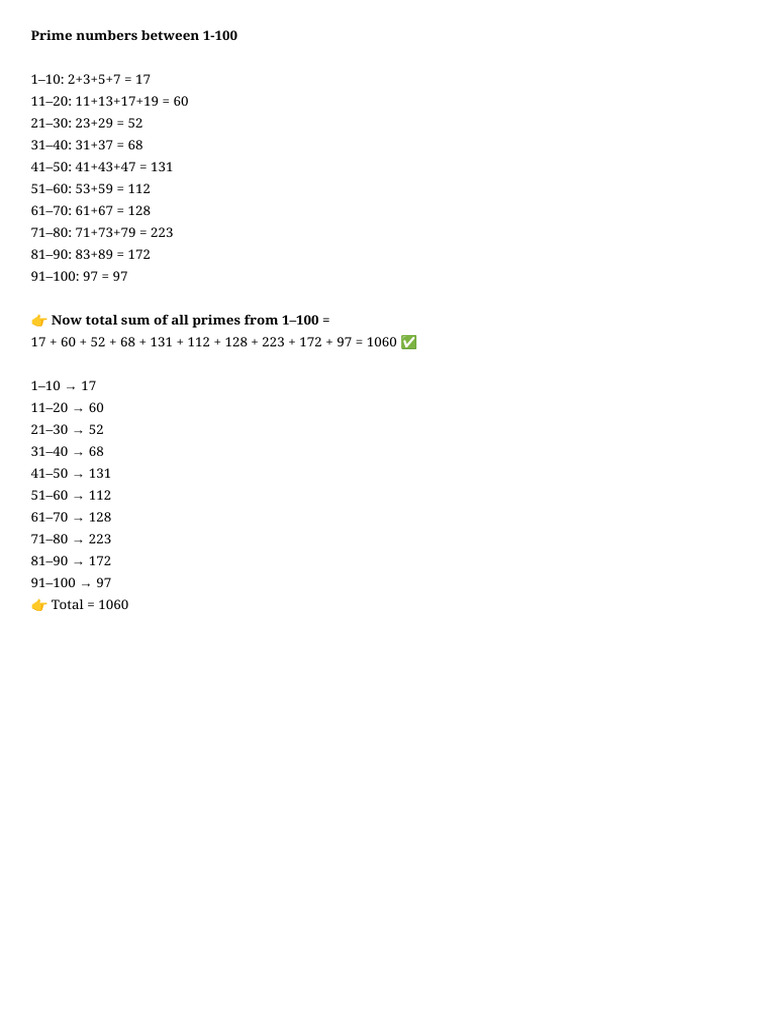 Sum of Prime Numbers 1-100 | PDF