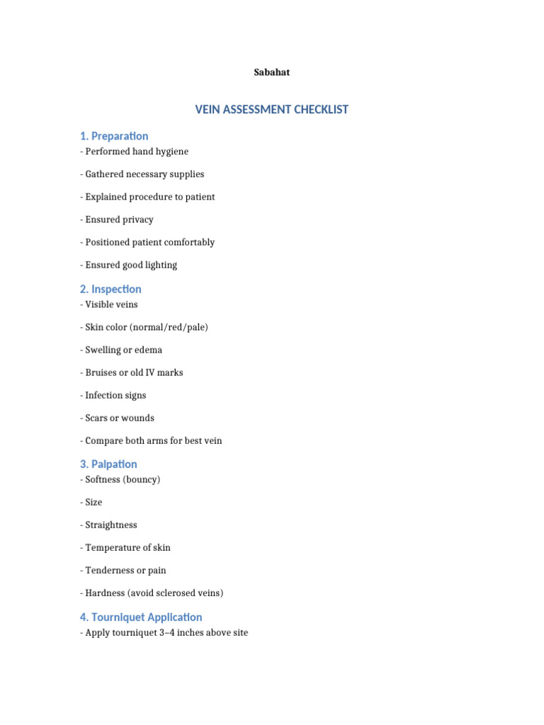 Vein Assessment Checklist Guide | PDF