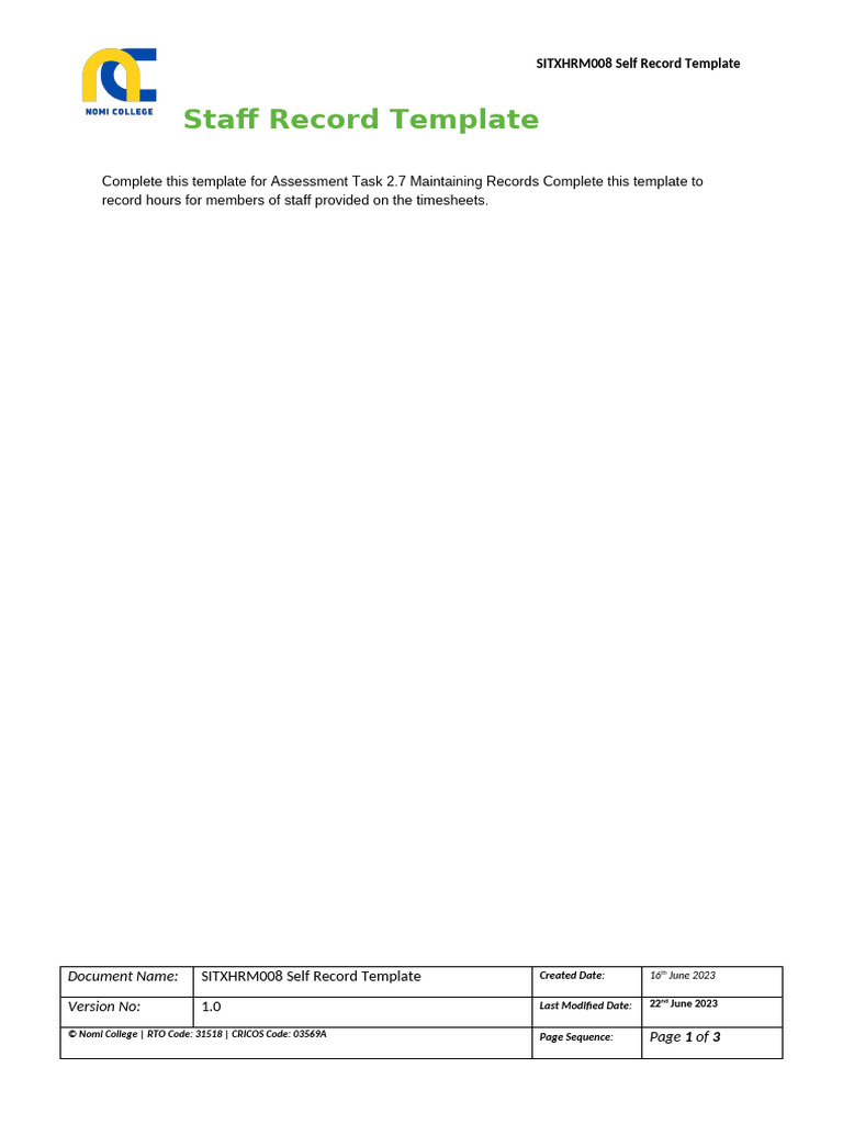 SITXHRM008 Staff Record Template | PDF | Working Time | Employee Relations