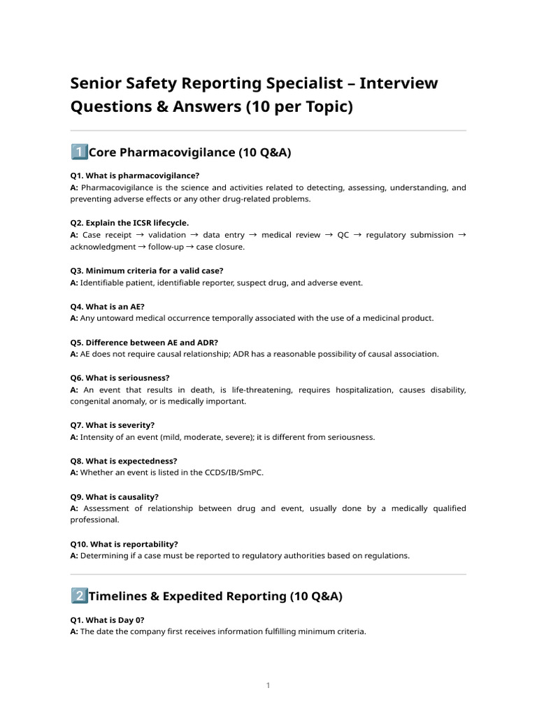 Senior Safety Reporting Specialist Q&A Guide | PDF | Pharmacovigilance
