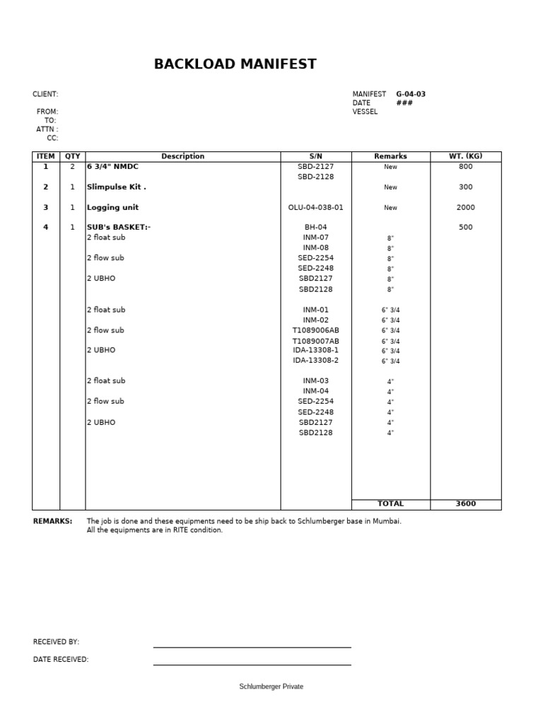 Schlumberger Backload Manifest Details | PDF