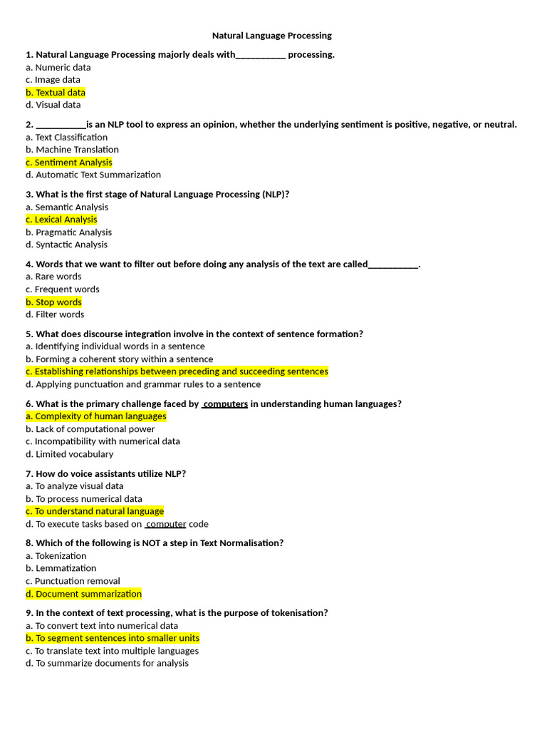 Natural Language Processing Quiz Questions | PDF | Word | Cognitive ...