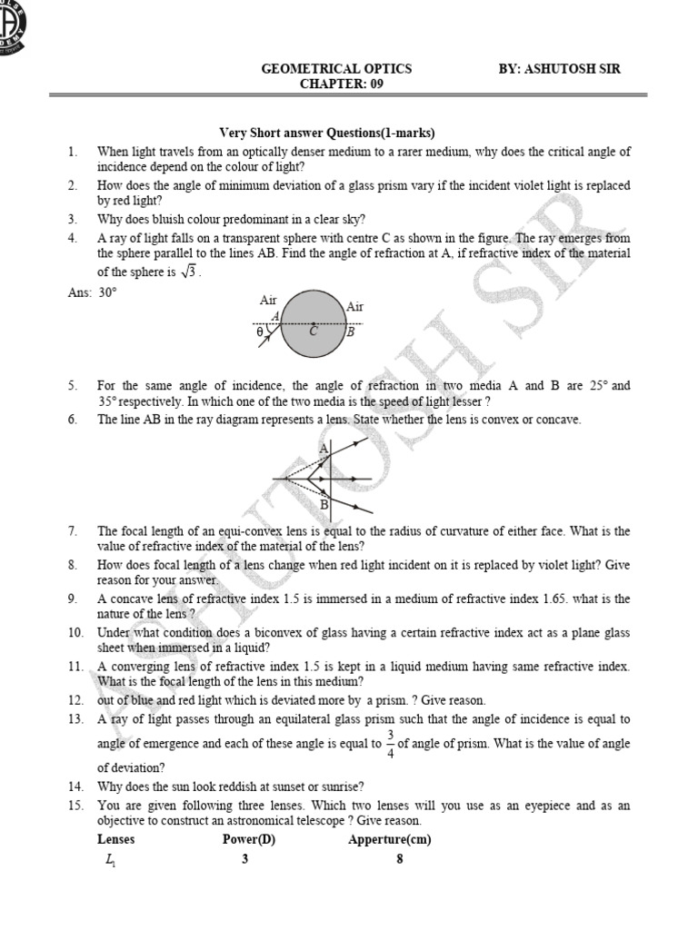 Geometrical Optics: Short Answer Questions | PDF | Applied And ...