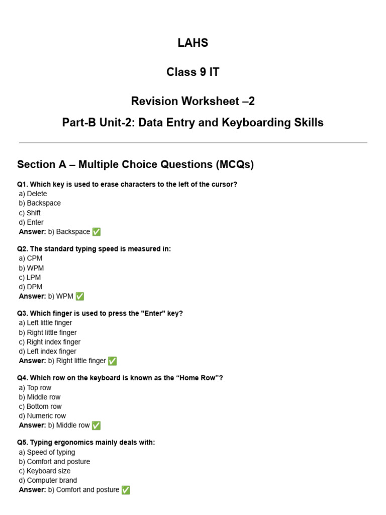 Lahs Class 9 IT Revision Worksheet - 2 Part-B Unit-2: Data Entry and ...