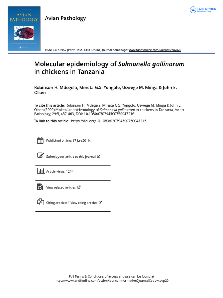 Molecular Epidemiology of Salmonella Gallinarum in Chickens in Tanzania ...