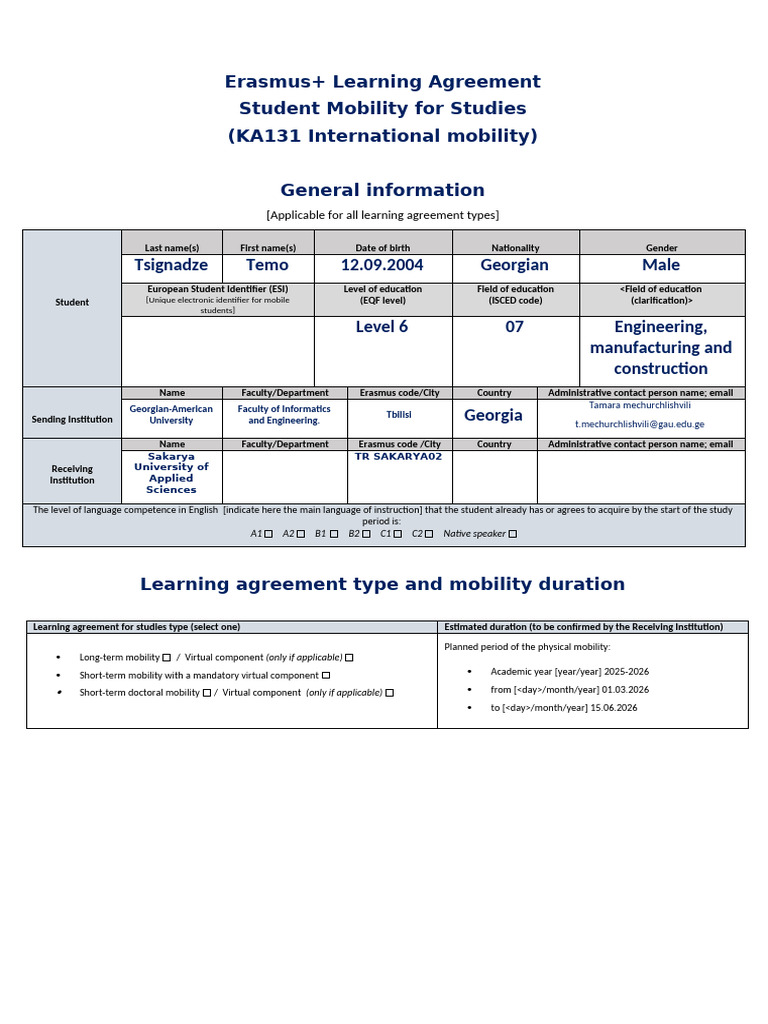Erasmus+ Learning Agreement for Studies | PDF | Academic Degree