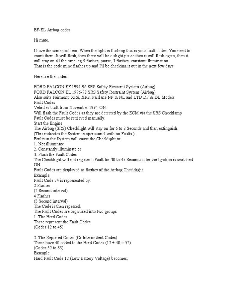 SRS Airbag Light EF Falcon PDF Resistor Airbag