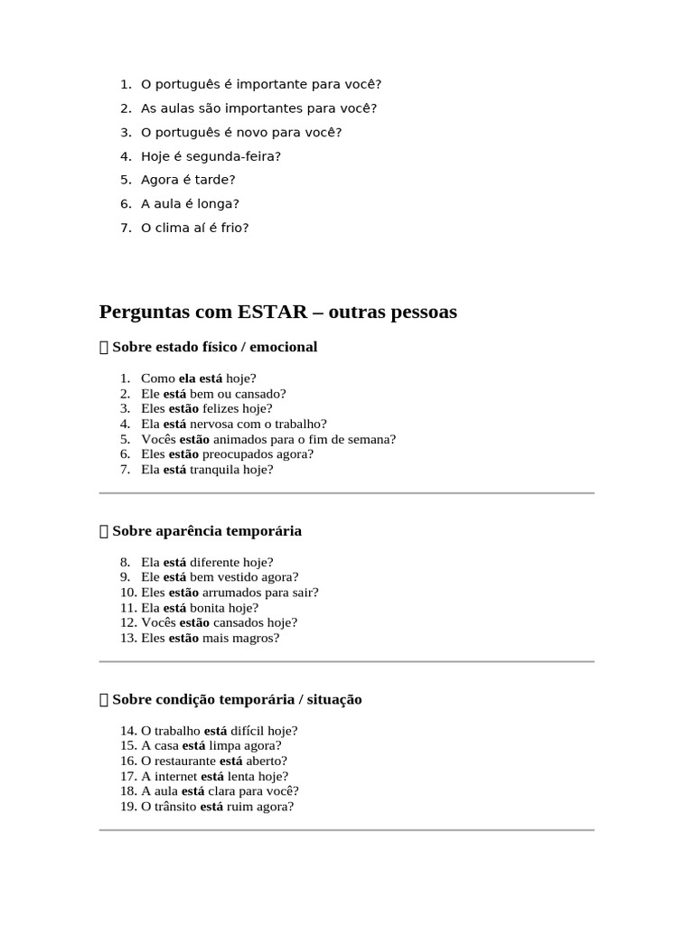 Perguntas em Português com "Estar" | PDF