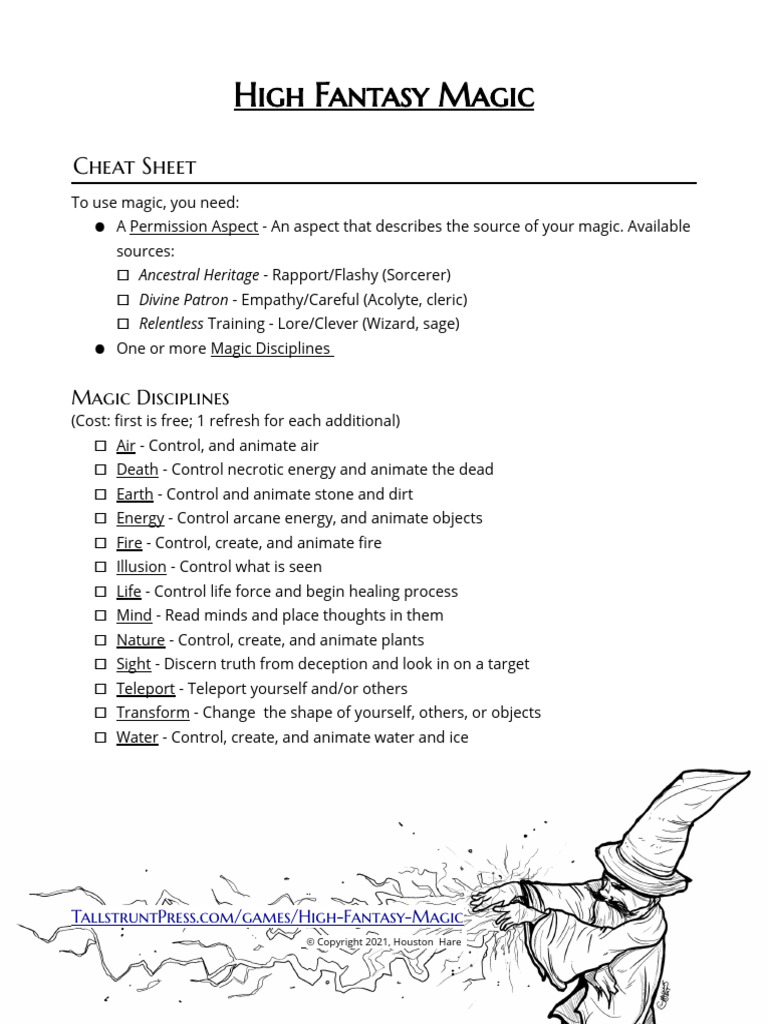 High Fantasy Magic Cheat Sheet Guide | PDF