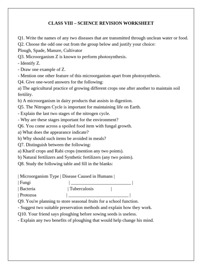 Science Revision Worksheet Class8 | PDF