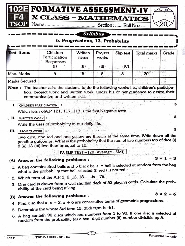 Formative Assessment IV: Math Progressions & Probability | PDF ...