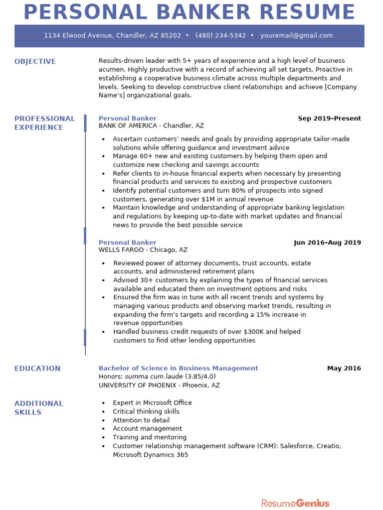 Personal Banker Resume Example | PDF | Banks | Customer Relationship ...