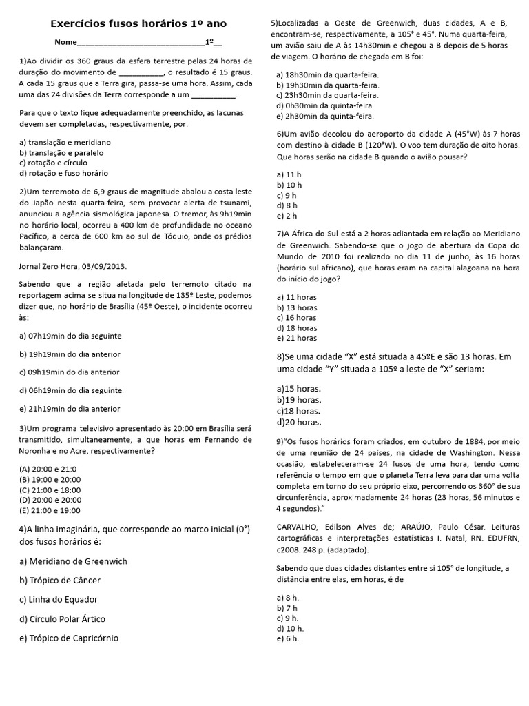 Exercícios sobre Fusos Horários para 1º Ano | PDF