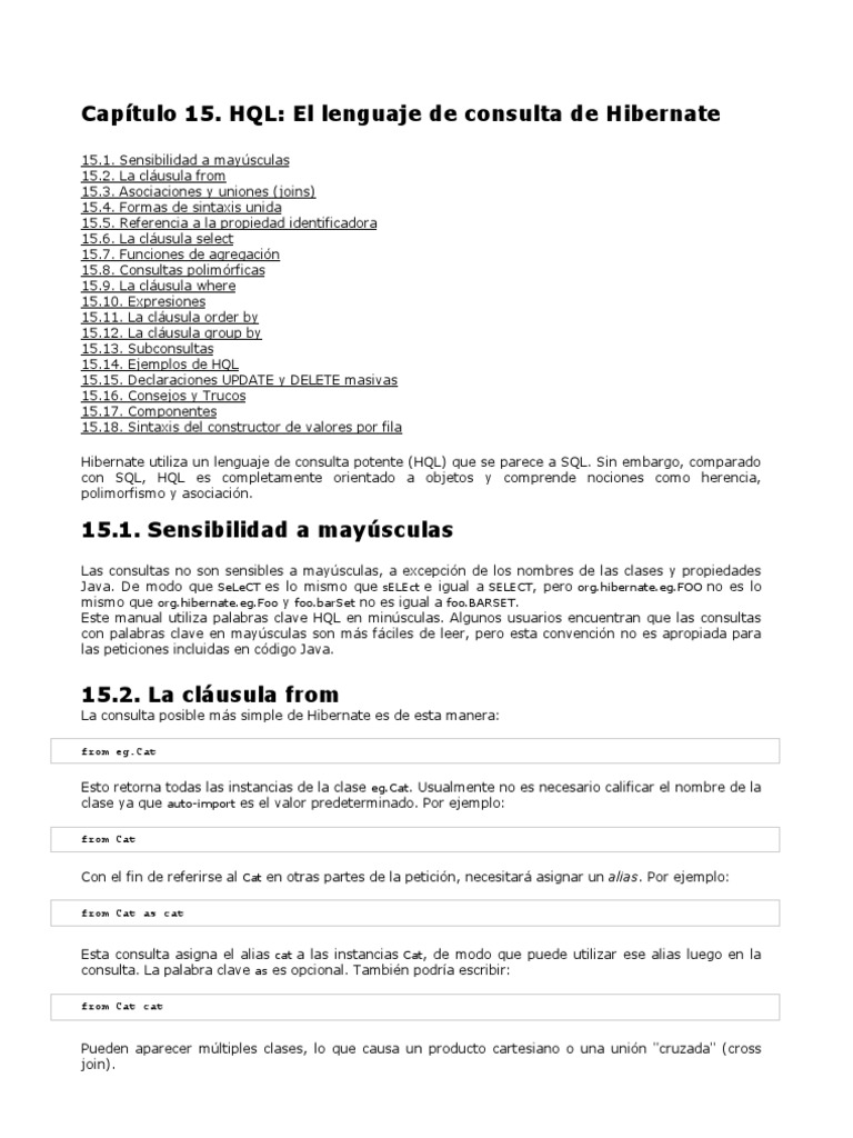 Guía Completa de HQL en Hibernate | PDF | SQL | Software de gestión de ...