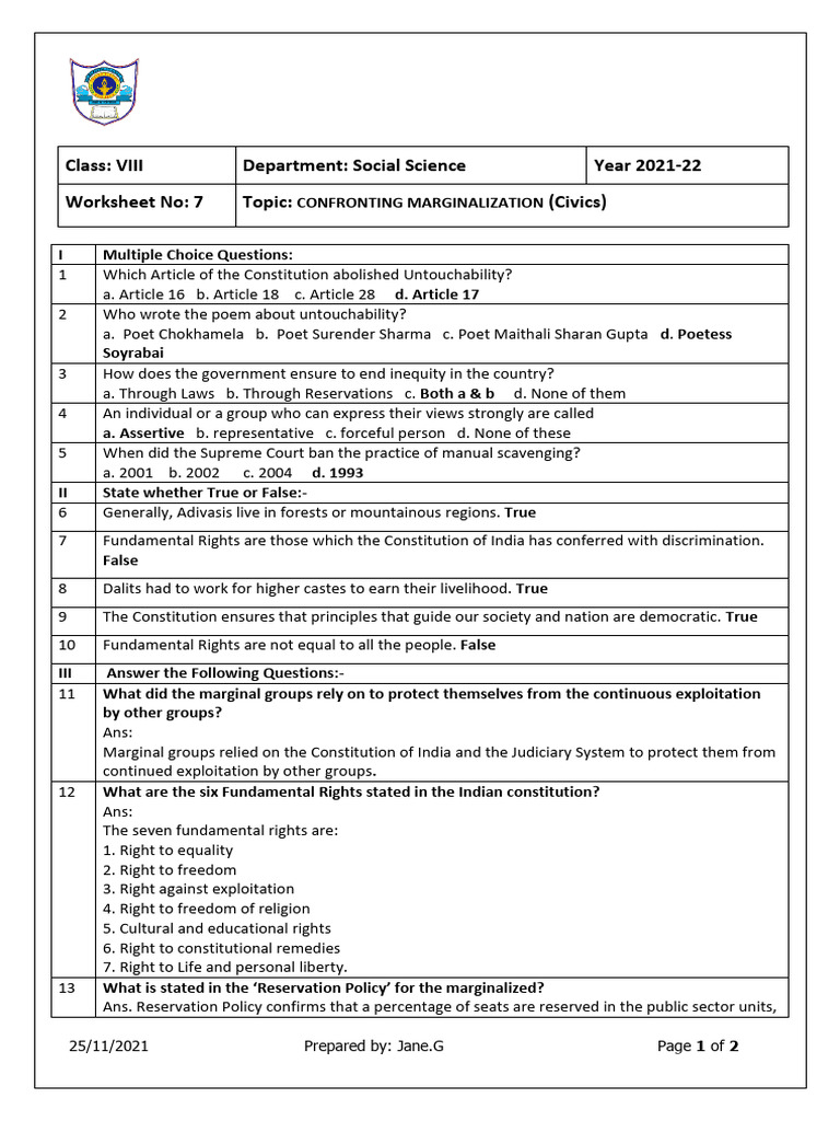 Confronting Marginalization Worksheet | PDF | Dalit | Government