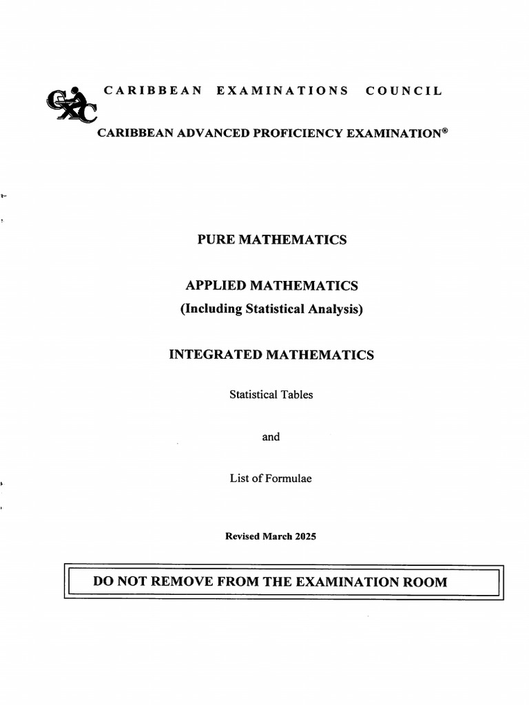 CAPE Pure & Applied & Integrated Mathematics List of Formulae (March ...