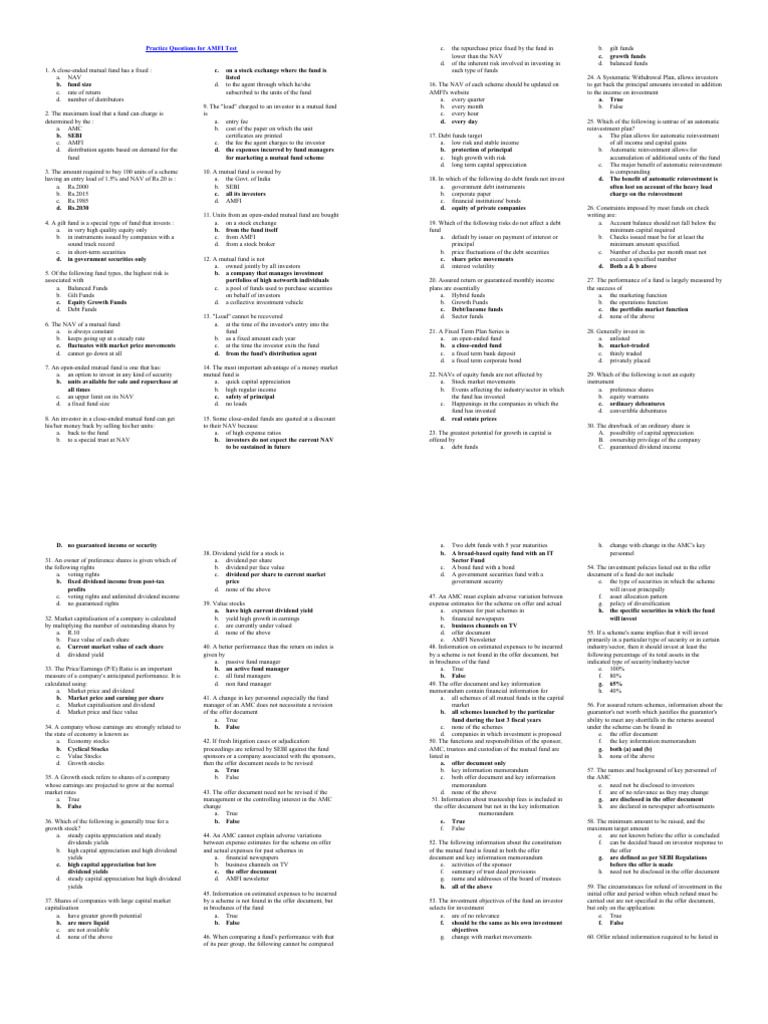 AMFI Test Practice Questions Guide | PDF | Investment Fund | Securities ...